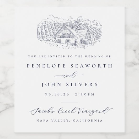 Elegante wijngaard illustratie bruiloft uitnodigin wijn etiket (Enkel label)