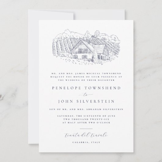 Elegante wijngaard illustratie formele bruiloft kaart (Voorkant)