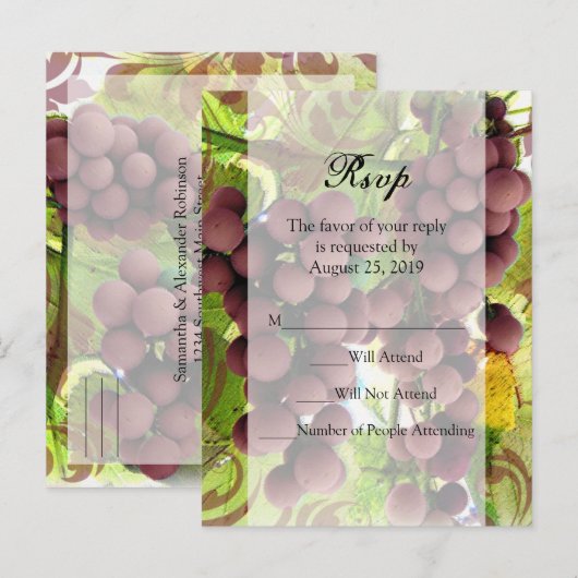 Elegante Wijngaard Paarse/Groene Druiven Bruiloft  Uitnodiging Briefkaart (Voorkant / Achterkant)