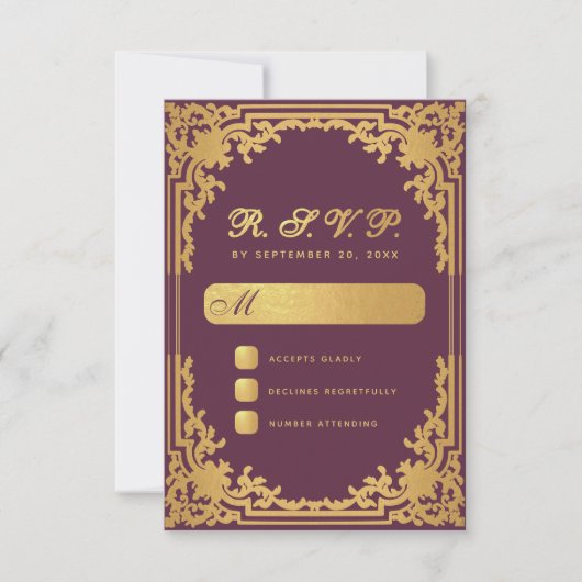 Elegante Wijnkleur Faux Gouden Folie Bruiloft RSVP Kaartje (Voorkant)