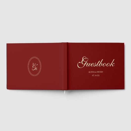 Elegante wijnrode script monogram bruiloft gastenboek (Volledig)
