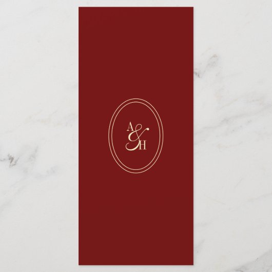 Elegante wijnrode script monogram bruiloft menu (Achterkant)
