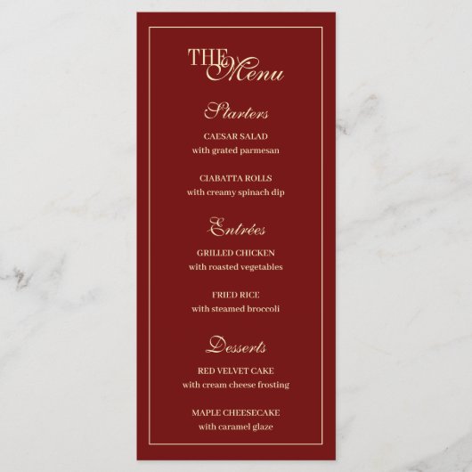 Elegante wijnrode script monogram bruiloft menu (Voorkant)
