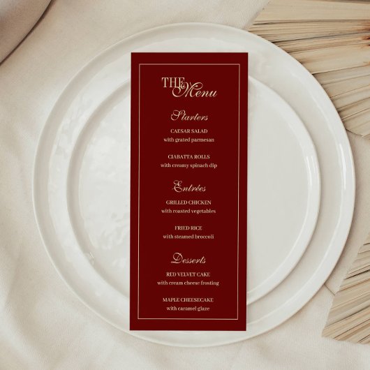 Elegante wijnrode script monogram bruiloft menu