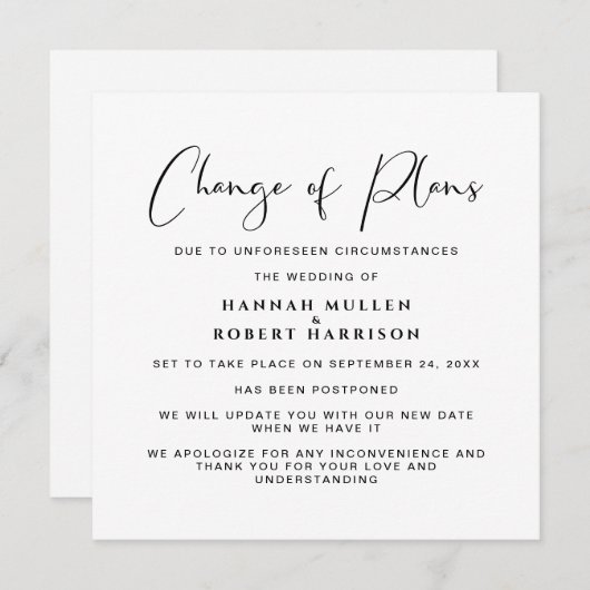 Elegante wijziging van plannen uitstel bruiloft aankondiging (Voorkant / Achterkant)