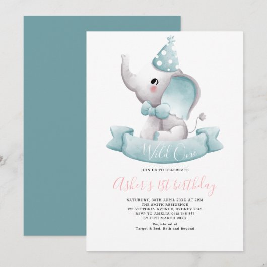 Elegante Wild One Elephant 1e verjaardag Kaart (Voorkant / Achterkant)