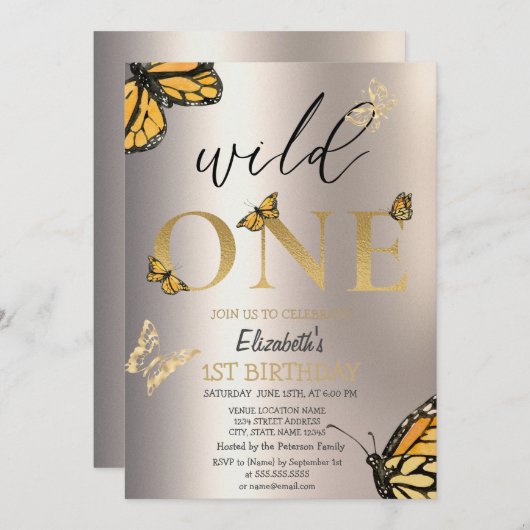 Elegante Wild One Gouden Vlinders Verjaardag Kaart (Voorkant / Achterkant)