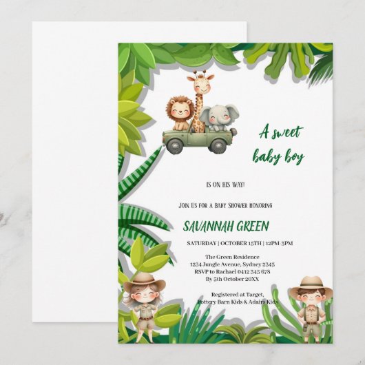 Elegante Wild Safari Babyshower uitnodiging (Voorkant / Achterkant)