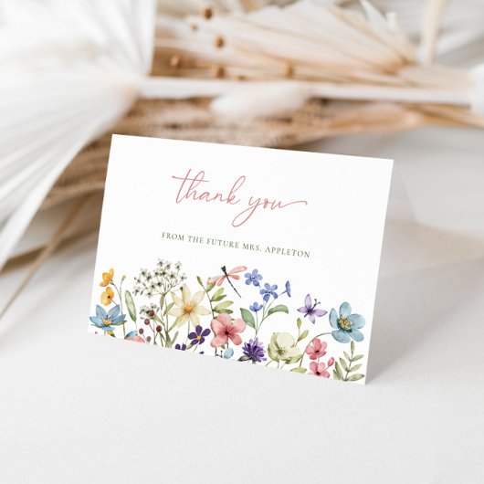 Elegante Wildbloem Calligrafie Bruidsdouche Bedankkaart