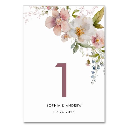 Elegante Wildbloemen 1 Trouwtafel nummer Kaart (Voorkant)