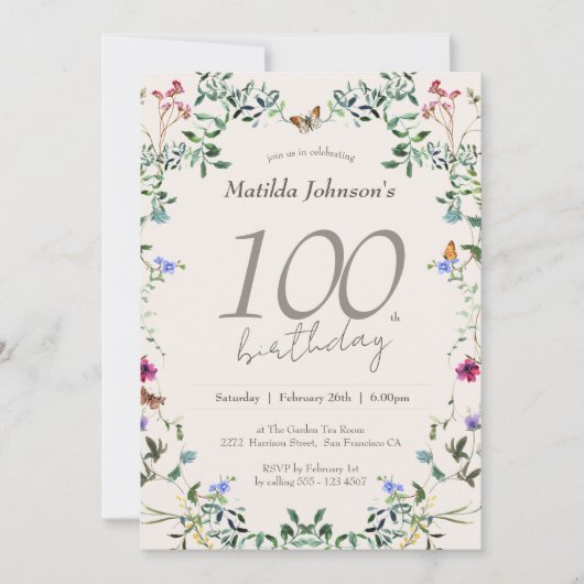 Elegante Wildbloemen Bloemen Bloemen 100e Verjaard Kaart (Voorkant)