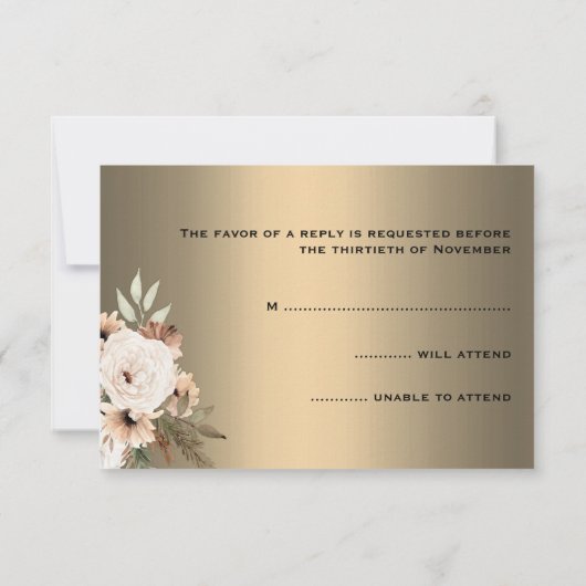 Elegante Wildbloemen op gouden Boho bruiloft RSVP Kaartje (Achterkant)