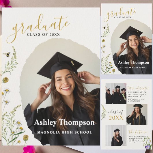 Elegante wilde bloem afstudeer collage uitnodiging