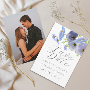 Elegante Wilde Bloem Blauwe Bloem Foto Bruiloft Save The Date