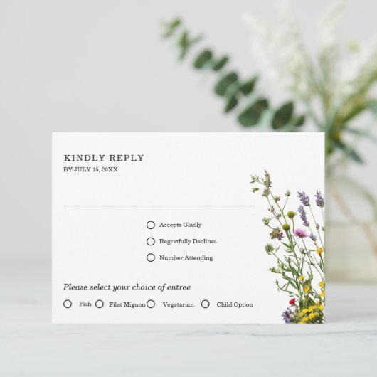 Elegante wilde bloem bloeiende tuin bruiloft RSVP kaartje (Staand voorkant)