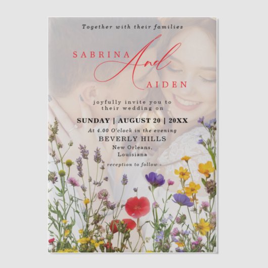 Elegante wilde bloem bloeiende tuin bruiloft vellum uitnodigingen (Voorkant)