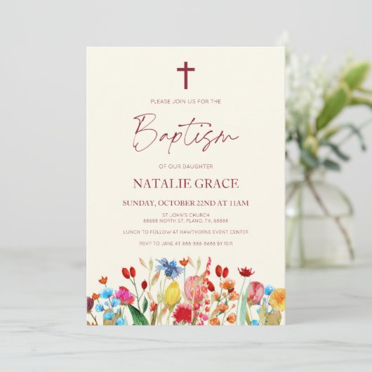 Elegante wilde bloem bloementuin doop kaart (Staand voorkant)