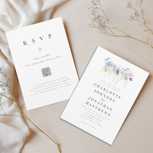 Elegante Wilde Bloem Boho Blauwe Roze Trouw QR Cod Kaart