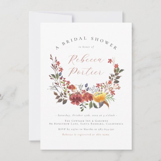 Elegante Wilde Bloem Boho Bloemrijke Herfst Bruids Kaart (Voorkant)