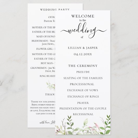 Elegante wilde bloem botanisch trouwprogramma programmakaart (Voorkant / Achterkant)