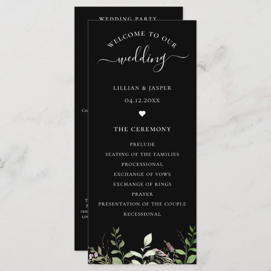 Elegante Wilde Bloem Botanische Trouwprogramma Programmakaart (Voorkant / Achterkant)