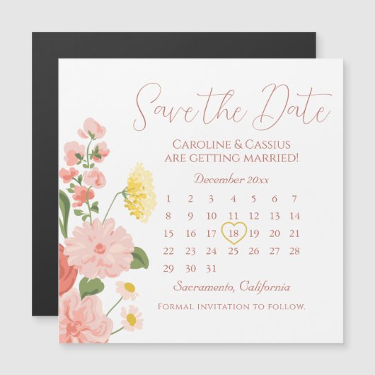 Elegante wilde bloem bruiloft kalender opslaan van (Voorkant / Achterkant)