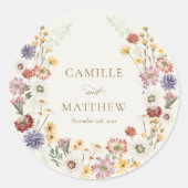 Elegante Wilde Bloem Bruiloft Ronde Sticker (Voorkant)