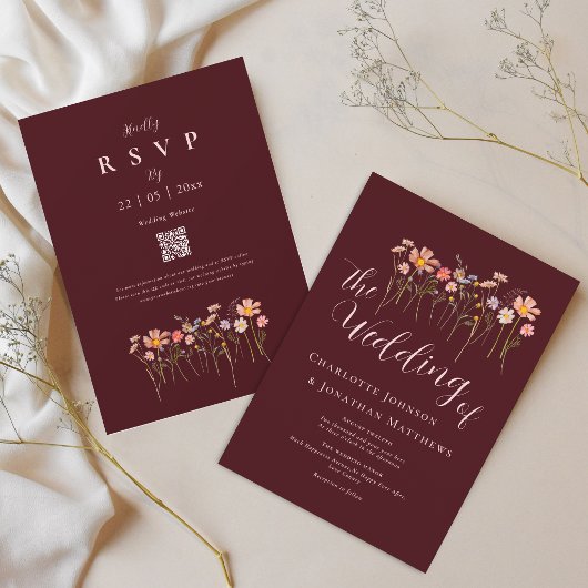 Elegante Wilde Bloem Burgundy Blush Roze QR Code Kaart