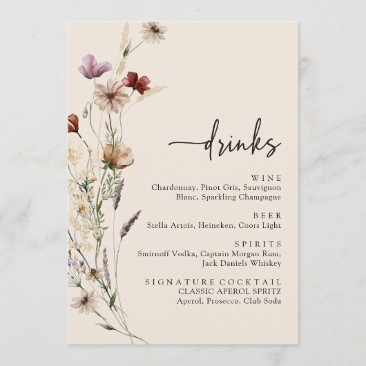Elegante Wilde Bloem Dranken Bruiloft Menu (Voorkant)