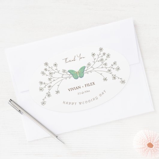Elegante Wilde Bloem en Vlinder Dank Je Ovale Sticker (Envelop)