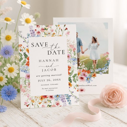 Elegante Wilde Bloem Foto Bruiloft Save The Date