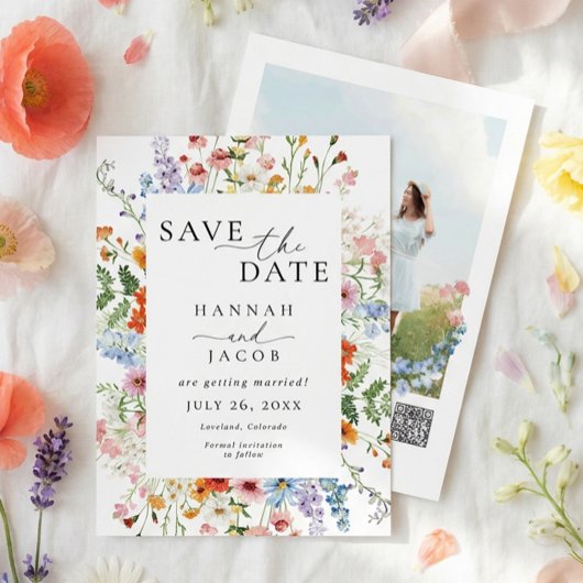 Elegante Wilde Bloem Foto QR Code Huwelijk Save The Date