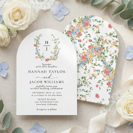 Elegante Wilde Bloem Monogram Bruiloftsboog Kaart