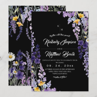 Elegante Wilde Bloem Rustieke Zwarte Bruiloft Kaart