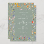 Elegante wilde bloem saga groene bruiloft uitnodig kaart (Voorkant / Achterkant)