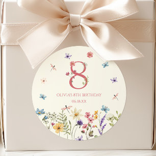 Elegante Wilde Bloem Vlinder 8e Verjaardagsfeestje Ronde Sticker