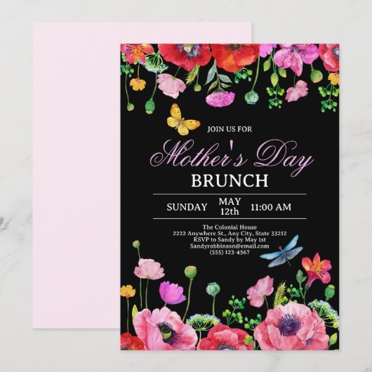 Elegante Wilde Bloem Zwart Chic Moederdag Brunch Kaart (Voorkant / Achterkant)