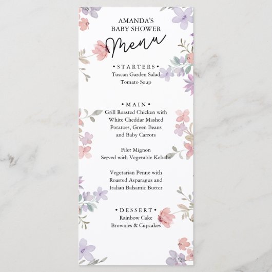Elegante Wilde Bloemen Baby Shower Menu (Voorkant)