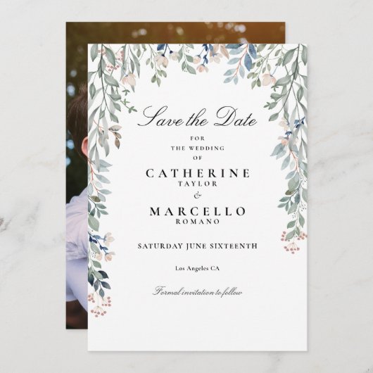 Elegante Wilde Bloemen Bloem Foto Bruiloft Save The Date (Voorkant / Achterkant)