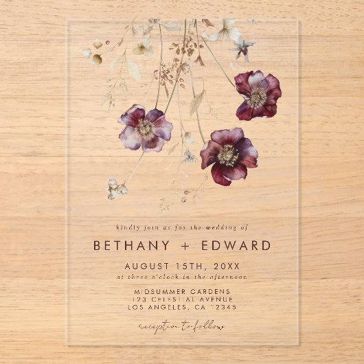 Elegante Wilde Bloemen Bruiloft Acryl Uitnodigingen (Voorkant)