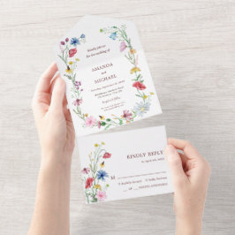 Elegante Wilde Bloemen Bruiloft All In One Uitnodiging