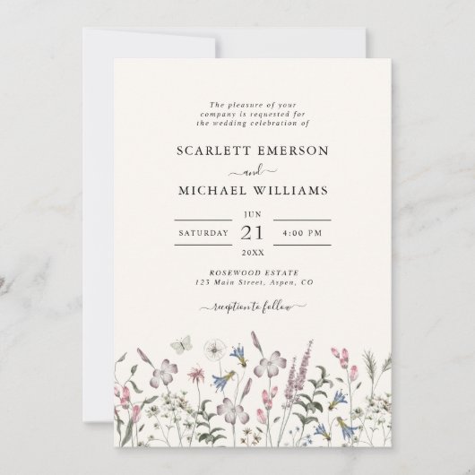 Elegante Wilde Bloemen Bruiloft Kaart (Voorkant)