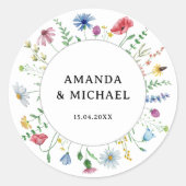Elegante Wilde Bloemen Bruiloft Ronde Sticker (Voorkant)