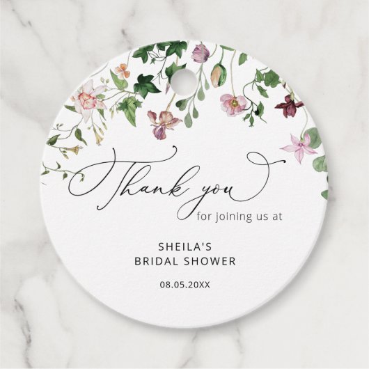 Elegante Wilde Bloemen Bruiloftsshower Favoritieta Bedankjes Labels (Voorkant)