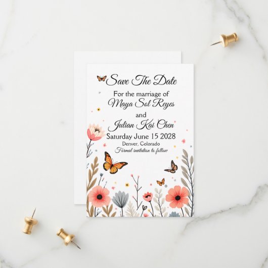 Elegante Wilde Bloemen En Vlinders Save The Date (Voorkant / Achterkant in situ)