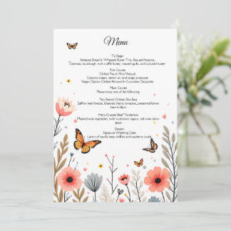 Elegante Wilde Bloemen En Vlinders Trouwdag Menu