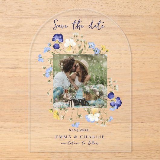 Elegante wilde bloemen foto bruiloft Save the date Acryl Uitnodigingen (Voorkant)