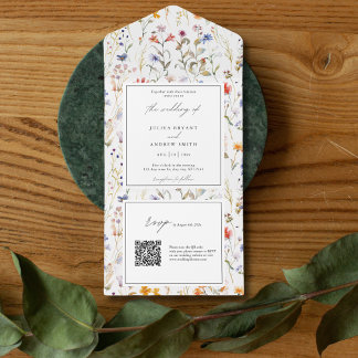 Elegante wilde bloemen RSVP QR code bruiloft All In One Uitnodiging