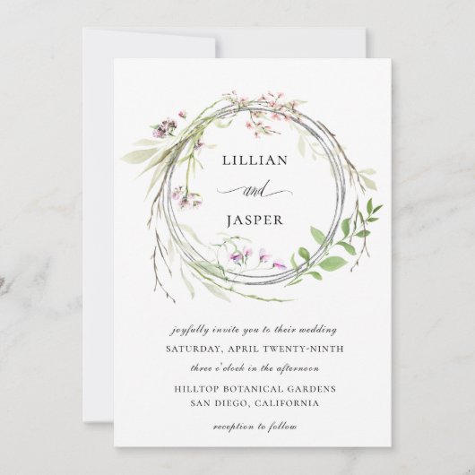 Elegante Wilde Bloemenkrans Bruiloft Kaart (Voorkant)