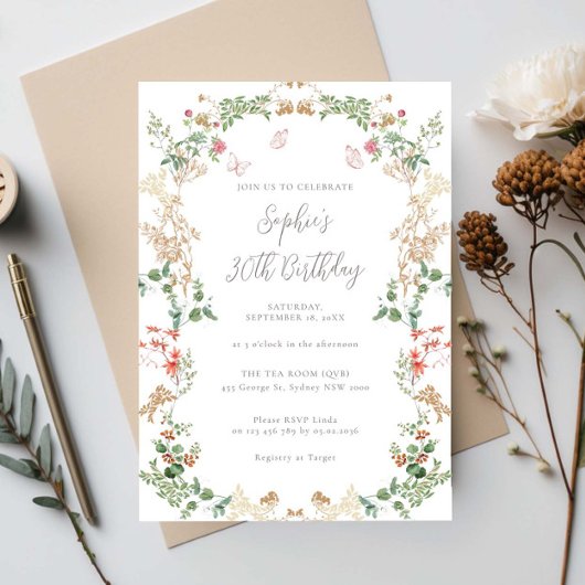 Elegante wilde bloementuin 30e verjaardag kaart